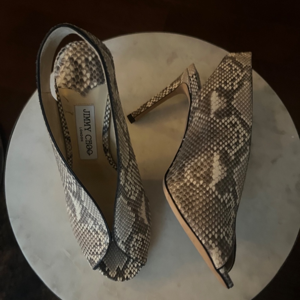 Jimmy Choo Snakeskin Peep Toe Python Heels, Gray,… - image 1